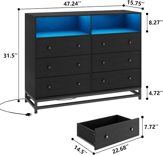 6 Drawers Wooden Dresser for Bedroom,Solid Wood Dressers with Charging Station and LED Lights,Modern TV Stand Dressers for 50"TV